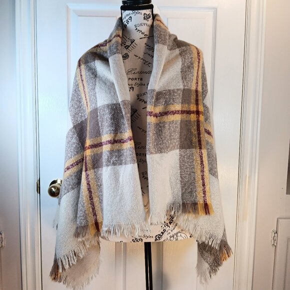 Wrap Shawl Scarf Knit Cozy Cream Tan Yellow Wine Plaid Women's OS NWOT - Picture 1 of 12